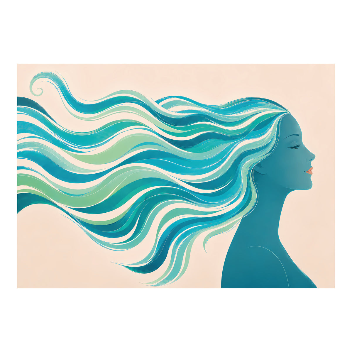 Grafische poster met vrouw in zijaanzicht en golvende haarbanen in turquoise, blauw en mintgroen tegen een lichte achtergrond.