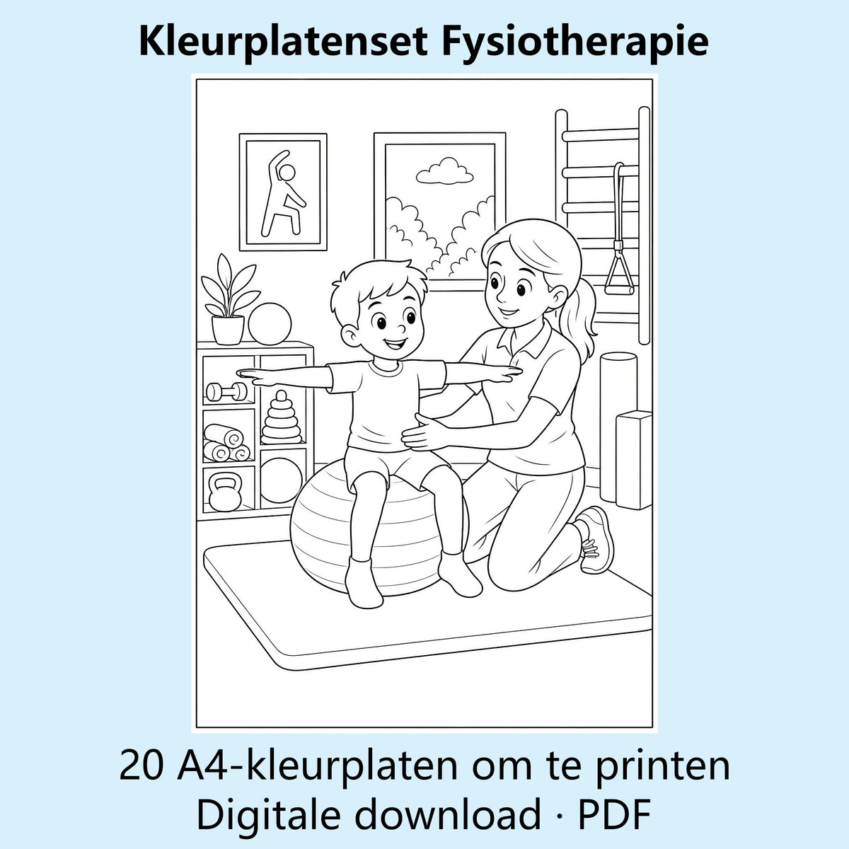 Digitale kleurplatenset Fysiotherapie met voorbeelden van zwart-witte A4-kleurplaten.