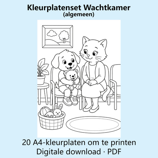 Digitale kleurplatenset voor de wachtkamer met voorbeelden van verschillende zwart-witte A4-kleurplaten.