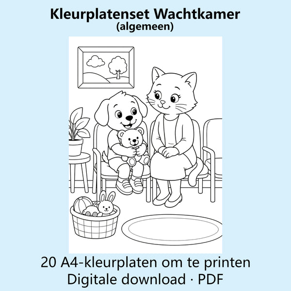 Digitale kleurplatenset voor de wachtkamer met voorbeelden van verschillende zwart-witte A4-kleurplaten.