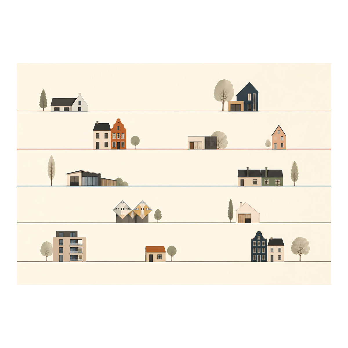 Grafische poster met verschillende woningtypen in vijf horizontale rijen, waaronder vrijstaande huizen, moderne woningen en appartementen